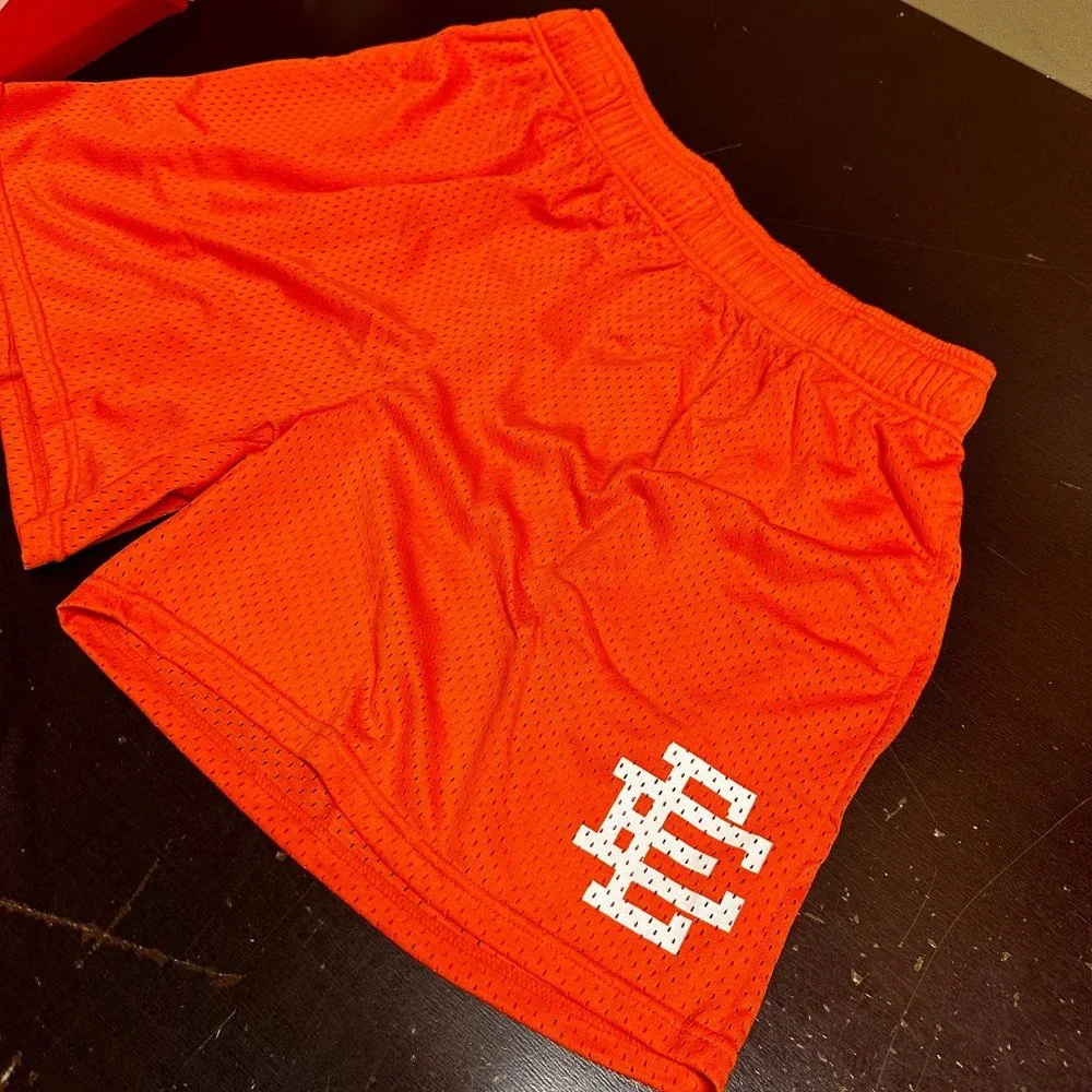 Eric Emanuel Mens Orange Logo Elastic Waist Pockets Comfort Mesh Shorts Size 2XL - Picture 2 of 6